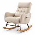 Fauteuil à bascule adulte beige à dossier haut en tissu bouclé, structure en métal noir et patins en bois, 72 × 96 × 100 cm