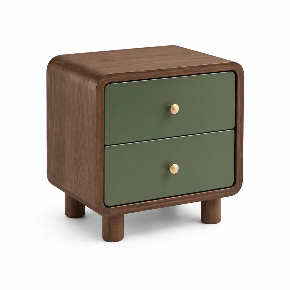 Table de chevet rectangulaire en MDF plaqué noyer à 2 tiroirs, brun noyer et vert olive, 50 × 40 × 55 cm