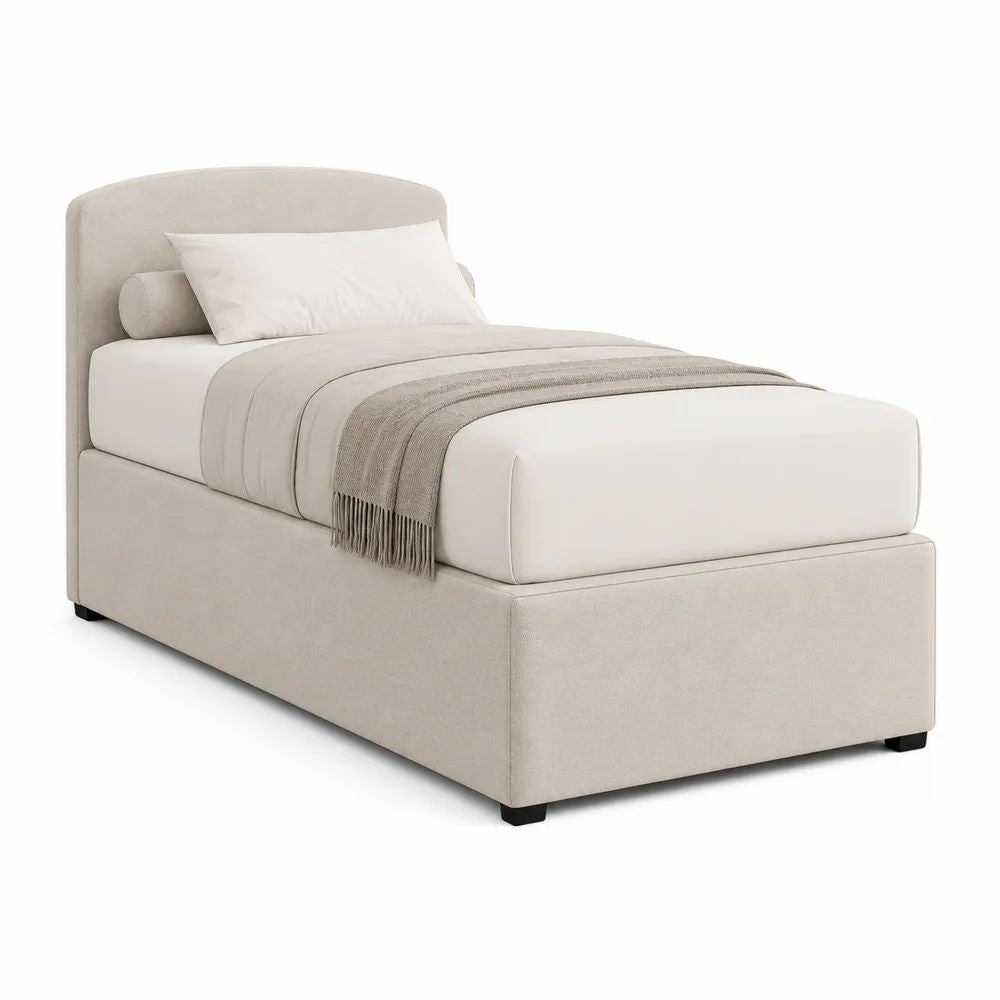 Lit simple rembourré 90 x 190 cm en panneaux de bois et tissu beige avec tête de lit arrondie