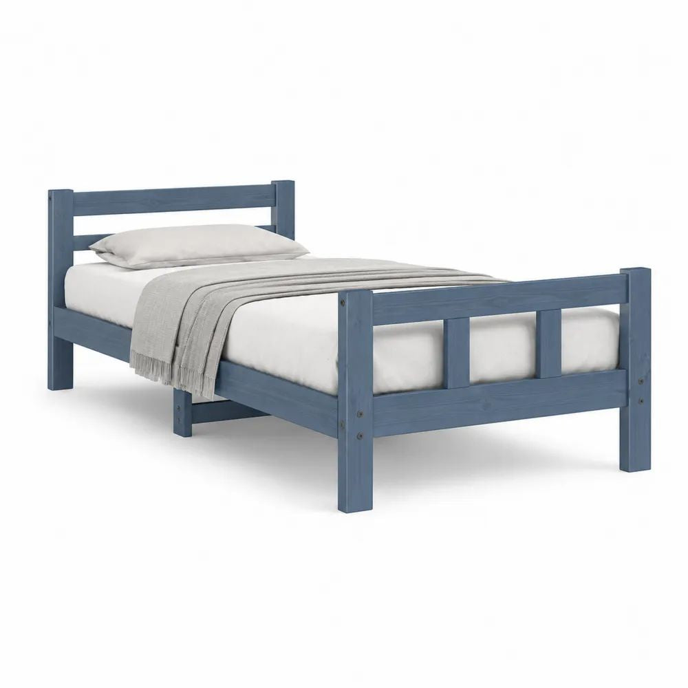 Lit simple en pin massif bleu 90 x 190 cm avec sommier à lattes, tête et pied de lit