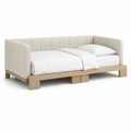 Lit banquette rembourré beige en tissu et bois, couchage 90 × 200 cm, dimensions 219 × 105 × 86 cm