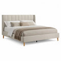 Lit double rembourré 160 x 200 cm en velours polyester beige avec tête de lit à panneaux verticaux