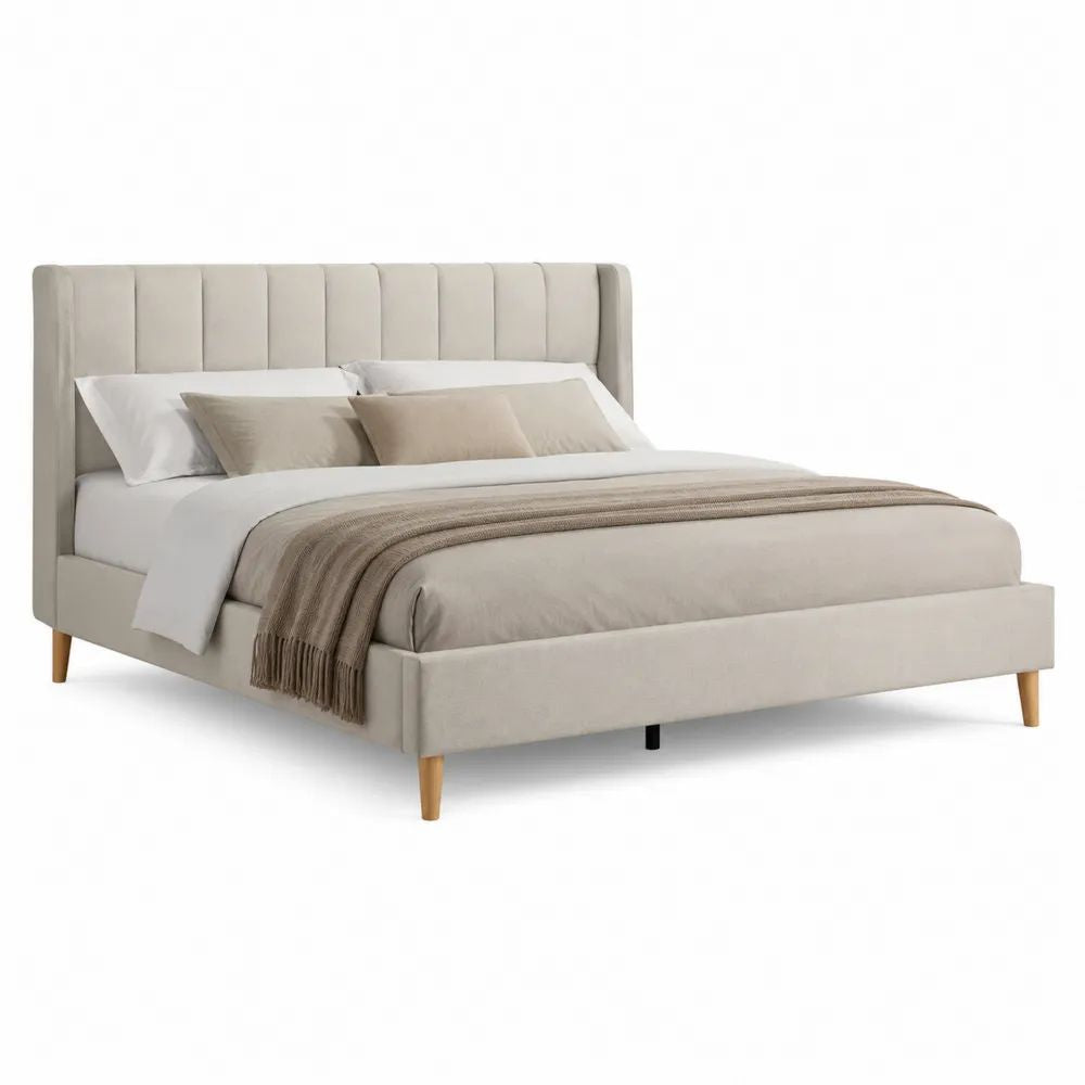 Lit double rembourré 160 x 200 cm en velours polyester beige avec tête de lit à panneaux verticaux