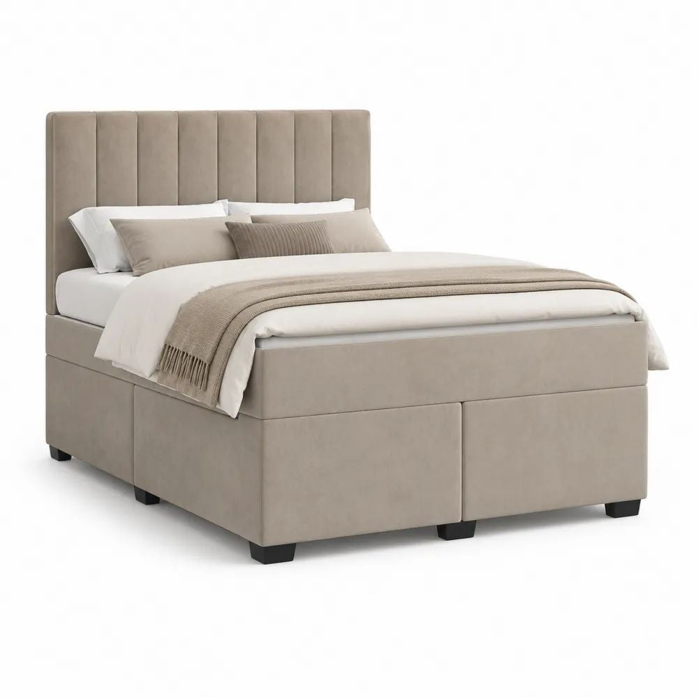Cadre de lit double rembourré en velours polyester grège avec tête de lit, couchage 160 × 200 cm