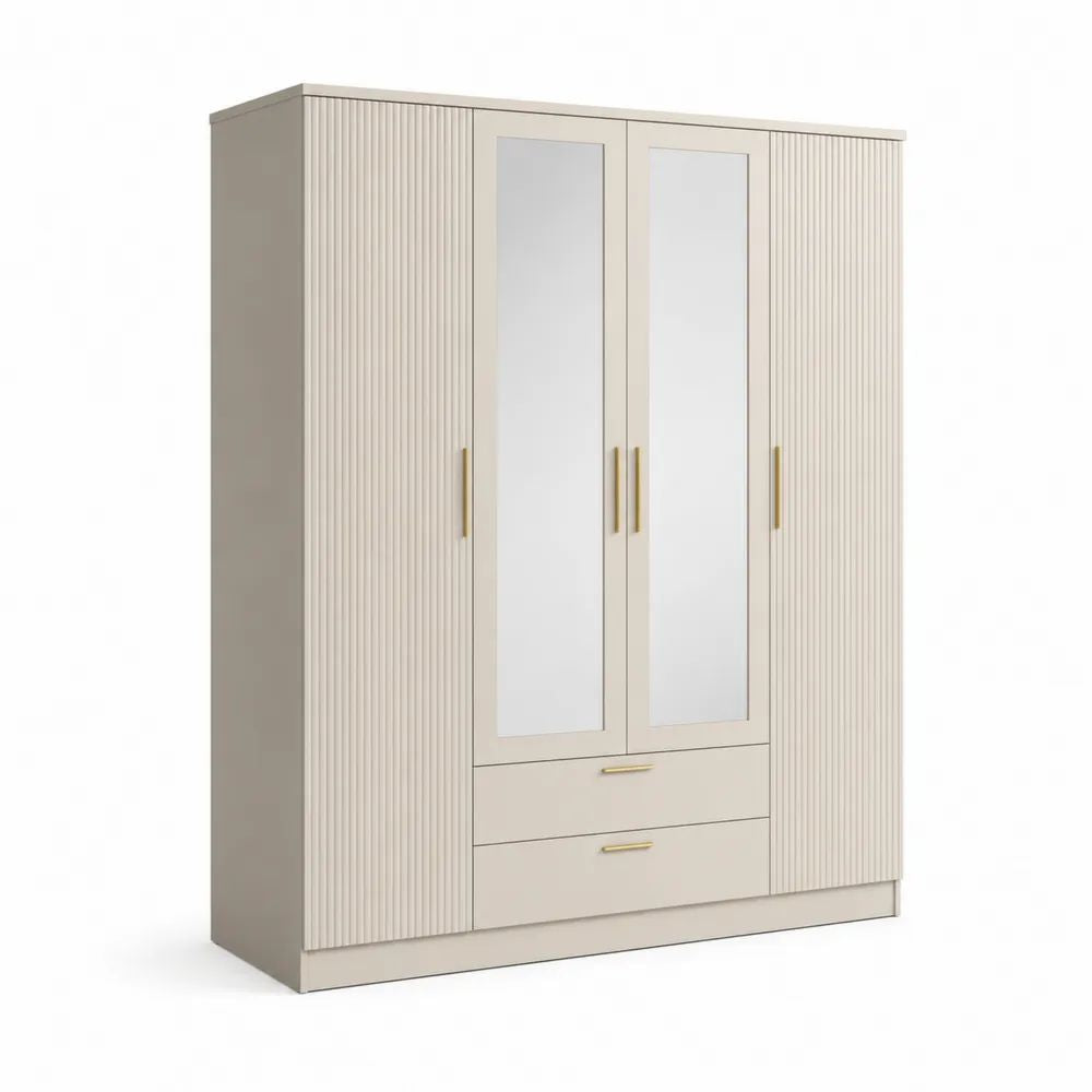 Armoire en MDF et panneaux de particules beige clair, 4 portes, 2 miroirs et 2 tiroirs, 180 × 52 × 200 cm