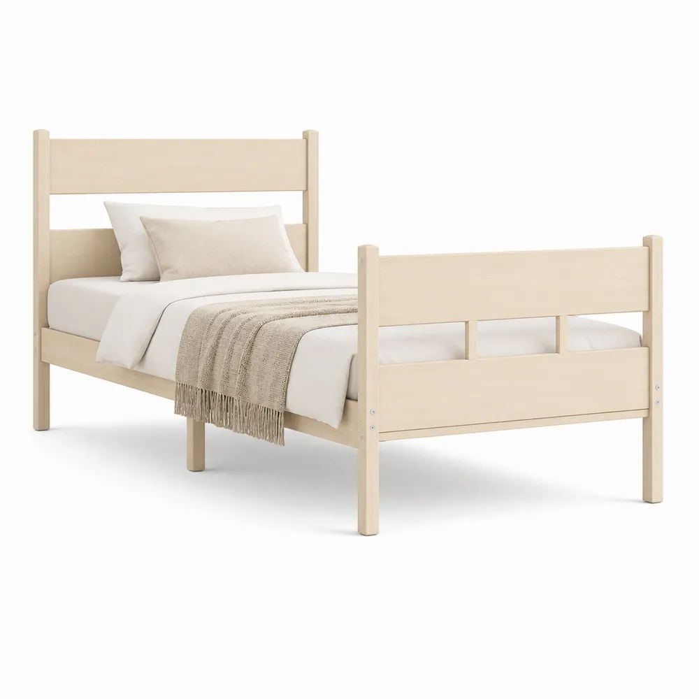 Lit simple rectangulaire en bois beige clair 90 × 190 cm avec sommier à lattes