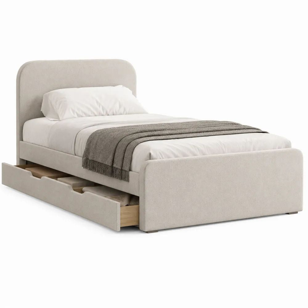 Lit simple rembourré beige clair avec 2 tiroirs et sommier à lattes, couchage 90 × 190 cm