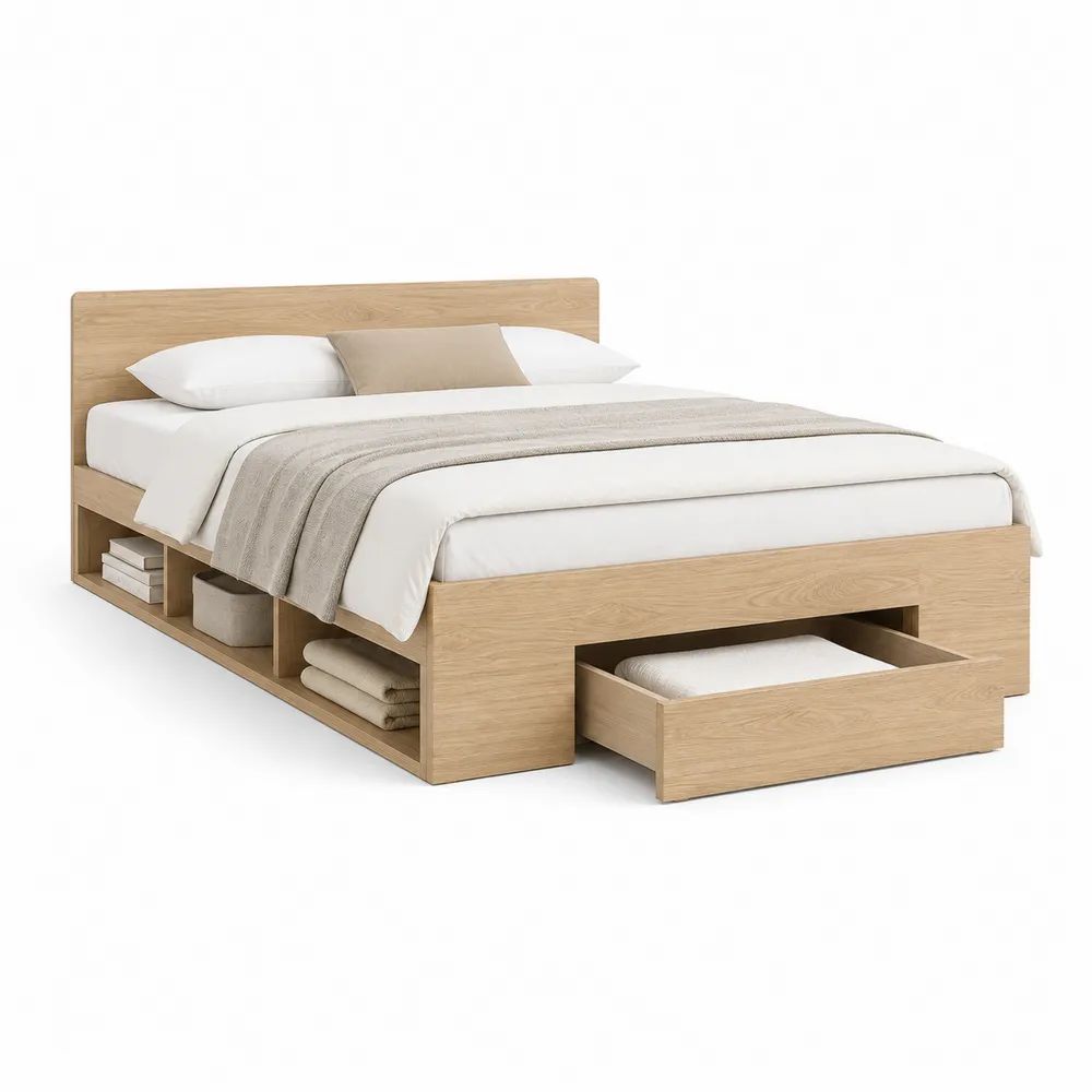Lit double 160 x 200 cm avec sommier, rangements latéraux et tiroir en panneaux de particules, chêne naturel, 218 x 170 x 105 cm