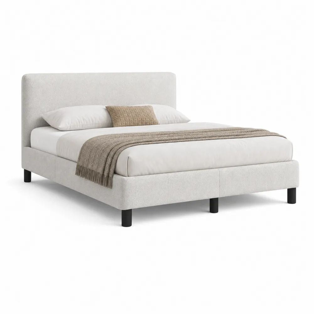 Lit double rembourré 160 x 200 cm en tissu blanc cassé avec tête de lit, 172 x 218 x 110 cm