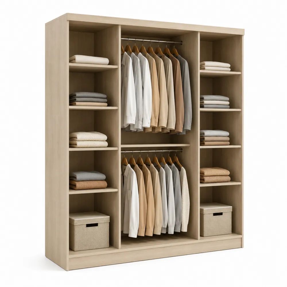 Armoire penderie ouverte en bois et métal, chêne clair, 180 × 50 × 200 cm