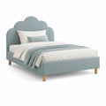 Lit double rembourré en polyester bleu gris avec tête de lit nuage et sommier à lattes, couchage 140 × 190 cm, dimensions 203 × 150 × 125 cm
