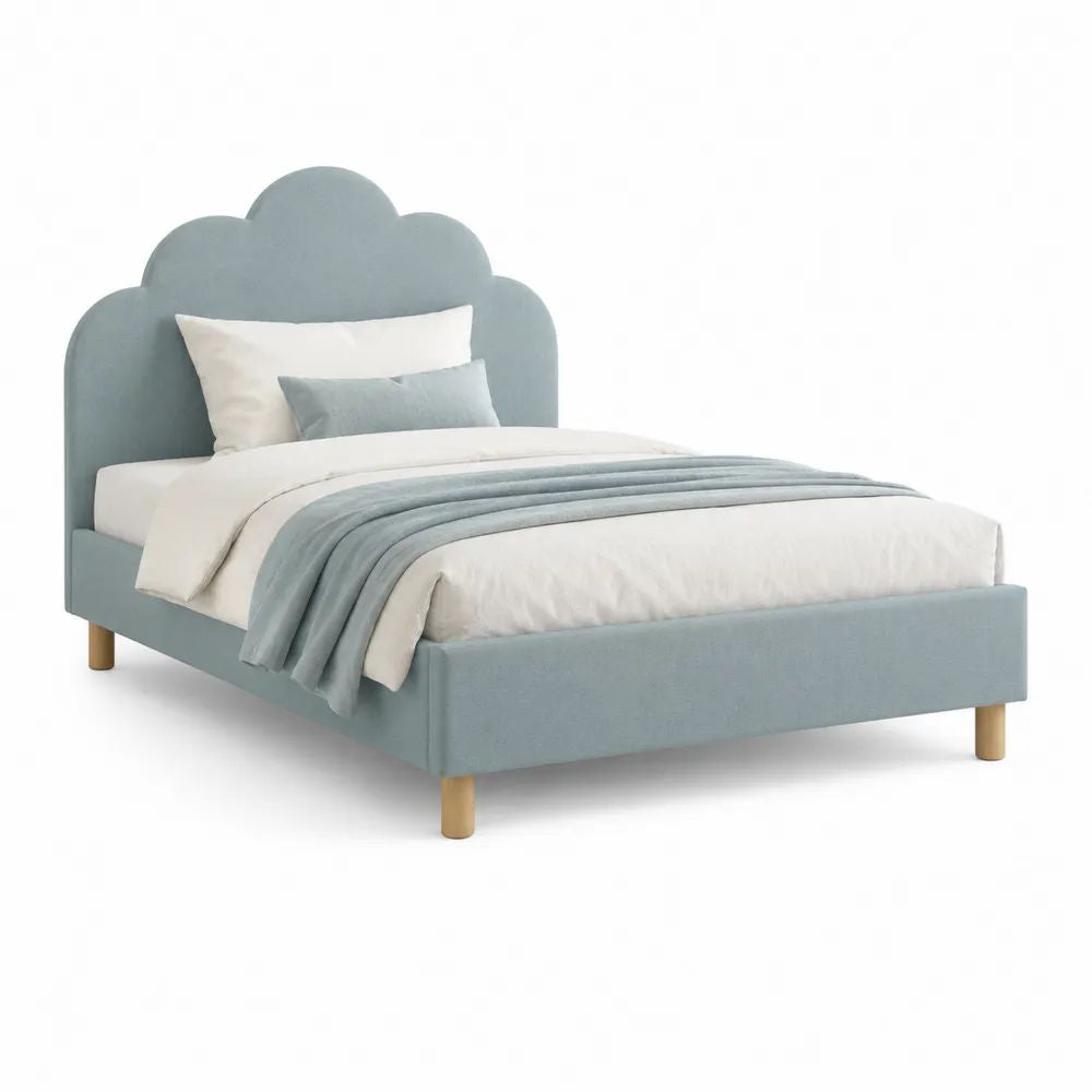 Lit double rembourré en polyester bleu gris avec tête de lit nuage et sommier à lattes, couchage 140 × 190 cm, dimensions 203 × 150 × 125 cm