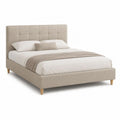 Lit double rembourré 160 x 200 cm en polyester beige avec tête de lit capitonnée