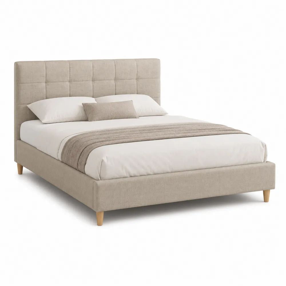Lit double rembourré 160 x 200 cm en polyester beige avec tête de lit capitonnée