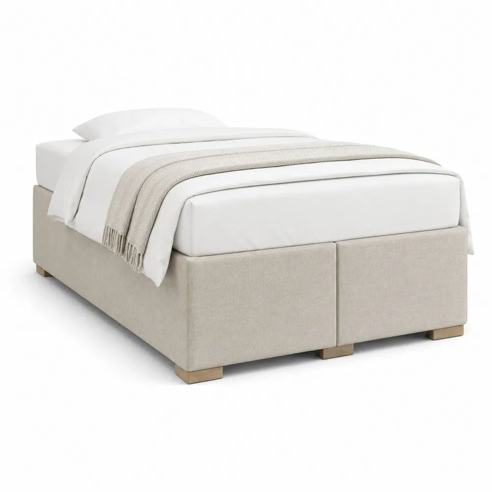 Sommier tapissier 2 places 160 × 200 cm en tissu beige, 2 modules avec pieds en bois
