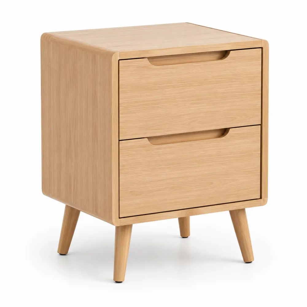 Table de chevet rectangulaire à 2 tiroirs en MDF plaqué chêne et bois massif, chêne clair, 45 × 40 × 60 cm