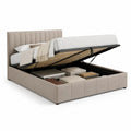 Lit coffre double 160 x 200 cm avec sommier relevable, revêtement beige et structure en métal noir, 217 x 172 x 110 cm