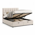 Lit coffre 2 places 160 x 200 cm en tissu beige avec sommier relevable et 2 tiroirs