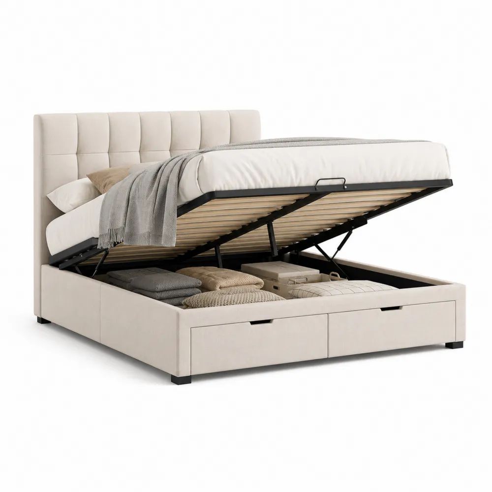 Lit coffre 2 places 160 x 200 cm en tissu beige avec sommier relevable et 2 tiroirs