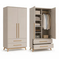 Armoire penderie en MDF et panneaux de particules, 2 portes, 2 tiroirs et 4 étagères, taupe et bois naturel, 90 × 52 × 190 cm