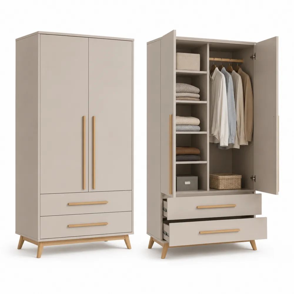 Armoire penderie en MDF et panneaux de particules, 2 portes, 2 tiroirs et 4 étagères, taupe et bois naturel, 90 × 52 × 190 cm