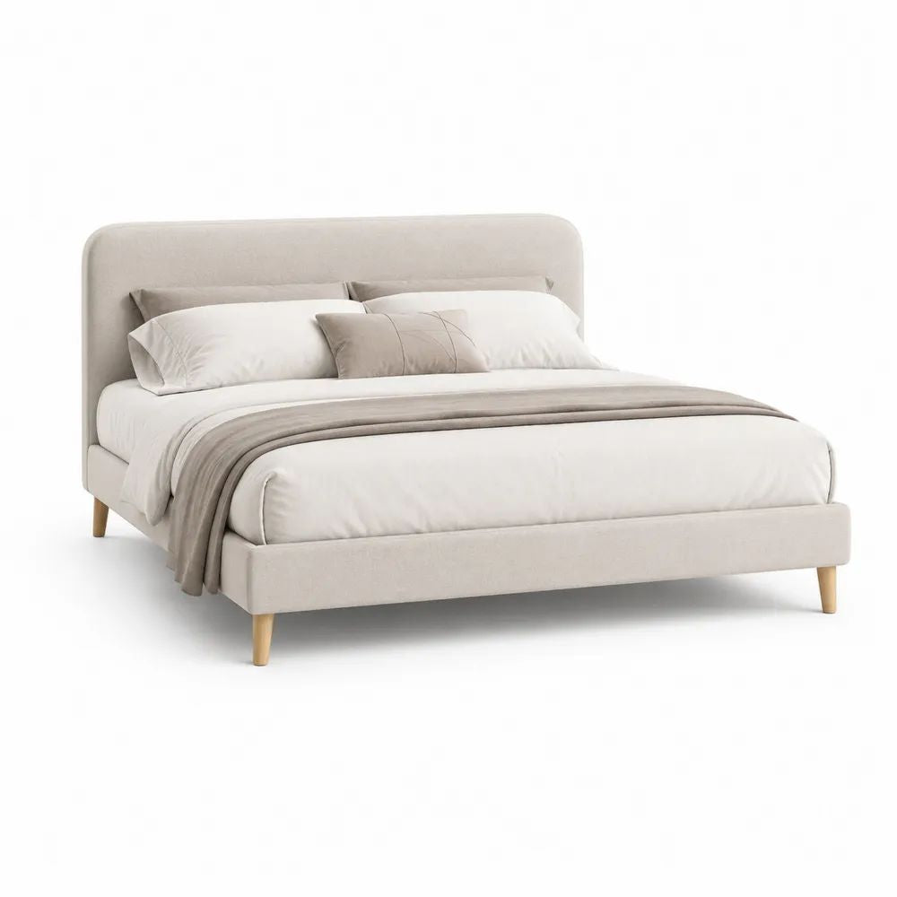 Lit double rembourré en tissu beige 160 x 200 cm avec tête de lit et sommier à lattes