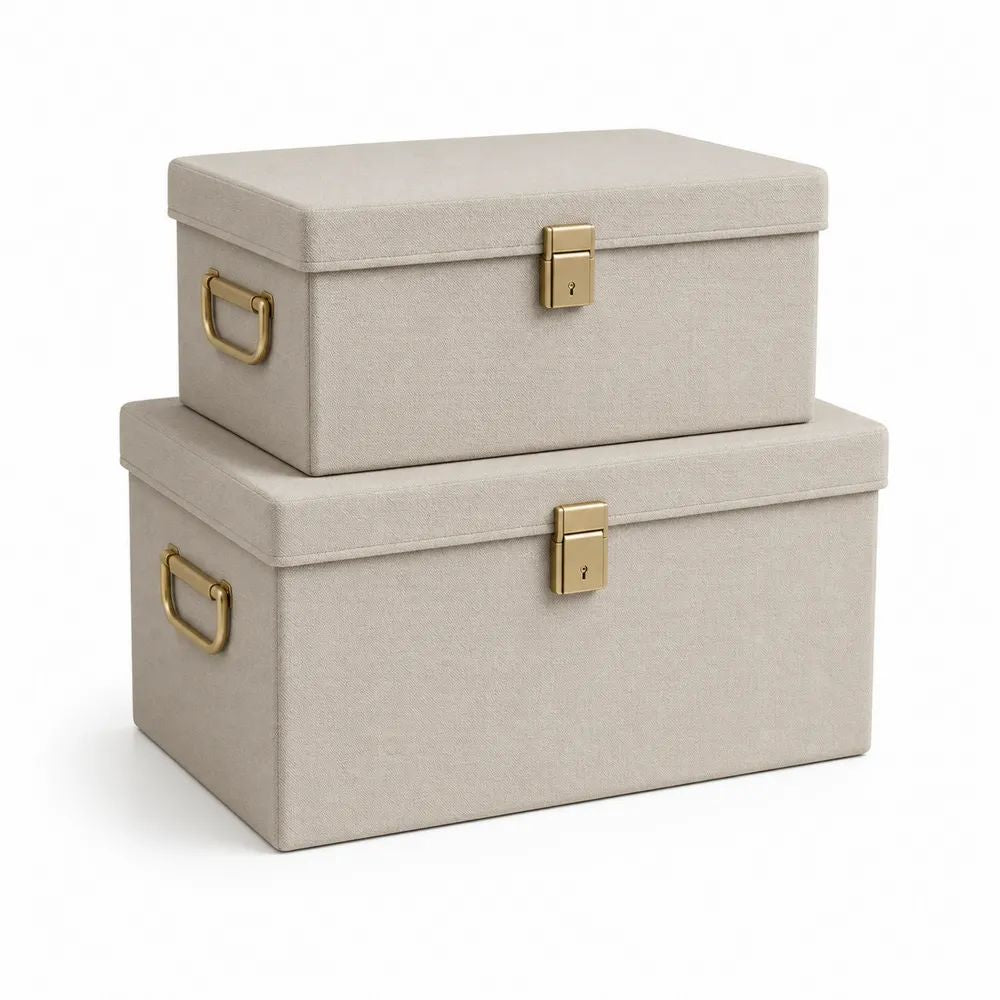 Lot de 2 malles de rangement rectangulaires en MDF revêtu de polyester beige, 45 × 35 × 30 cm et 35 × 25 × 22 cm