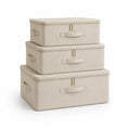 Lot de 3 boîtes de rangement pliables en polyester beige avec couvercle, 40 × 30 × 18 cm, 50 × 35 × 22 cm et 60 × 40 × 30 cm