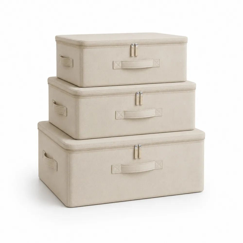 Lot de 3 boîtes de rangement pliables en polyester beige avec couvercle, 40 × 30 × 18 cm, 50 × 35 × 22 cm et 60 × 40 × 30 cm