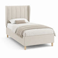 Lit simple rembourré en tissu beige avec tête de lit à oreilles, couchage 90 × 190 cm, dimensions 105 × 205 × 140 cm