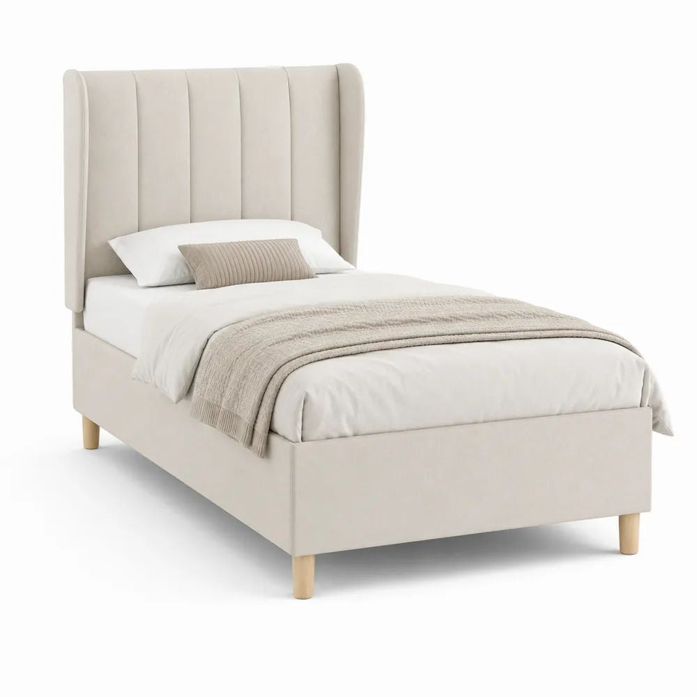 Lit simple rembourré en tissu beige avec tête de lit à oreilles, couchage 90 × 190 cm, dimensions 105 × 205 × 140 cm