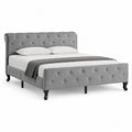 Lit double 160 x 200 cm en velours polyester gris capitonné avec tête de lit et sommier à lattes