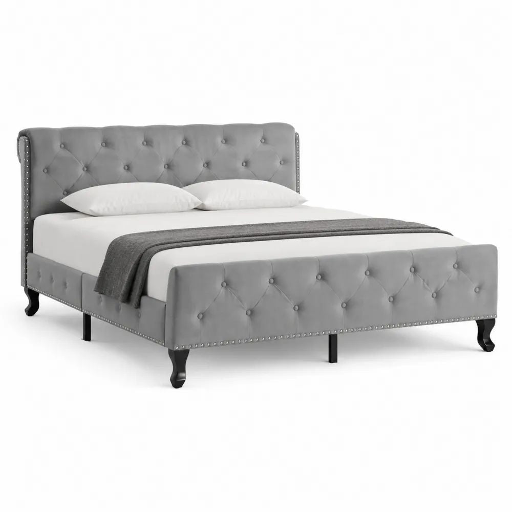 Lit double 160 x 200 cm en velours polyester gris capitonné avec tête de lit et sommier à lattes