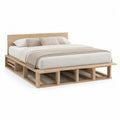 Lit plateforme en bois 160 × 200 cm avec tête de lit et rangements ouverts, chêne clair, 224 × 190 × 100 cm