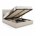 Lit coffre double 160 x 200 cm en acier et velours polyester beige, dimensions 173 x 215 x 105 cm