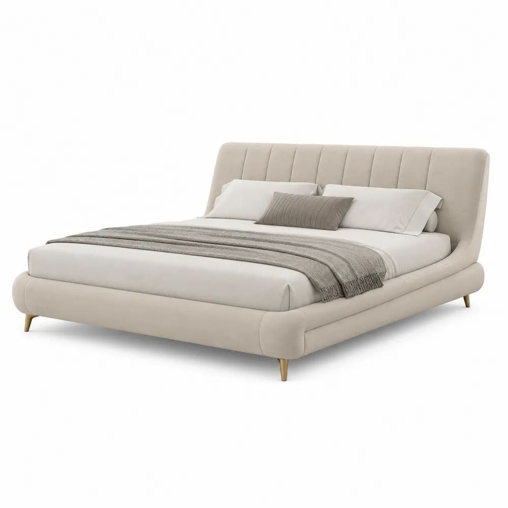 Lit double rembourré beige et doré 160 × 200 cm en tissu avec tête de lit à surpiqûres verticales
