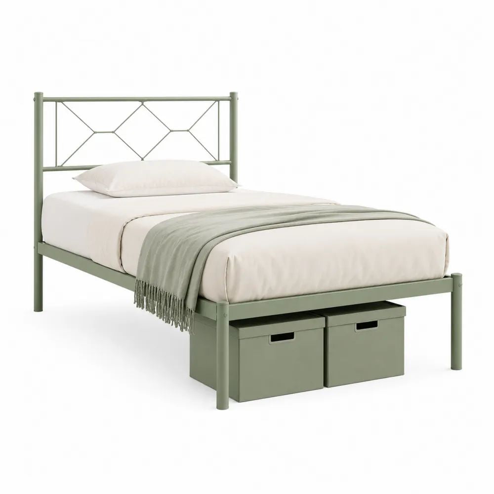 Lit simple en acier vert sauge avec sommier et tête de lit géométrique, pour matelas 90 × 190 cm, dimensions 96 × 198 × 105 cm