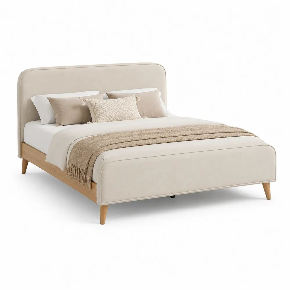 Lit double rembourré 160 x 200 cm en tissu beige avec cadre en bois, sommier à lattes et tête de lit arrondie