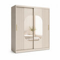 Armoire de chambre en MDF et panneaux de particules, 2 portes coulissantes avec miroir ovale, beige, 180 × 60 × 200 cm