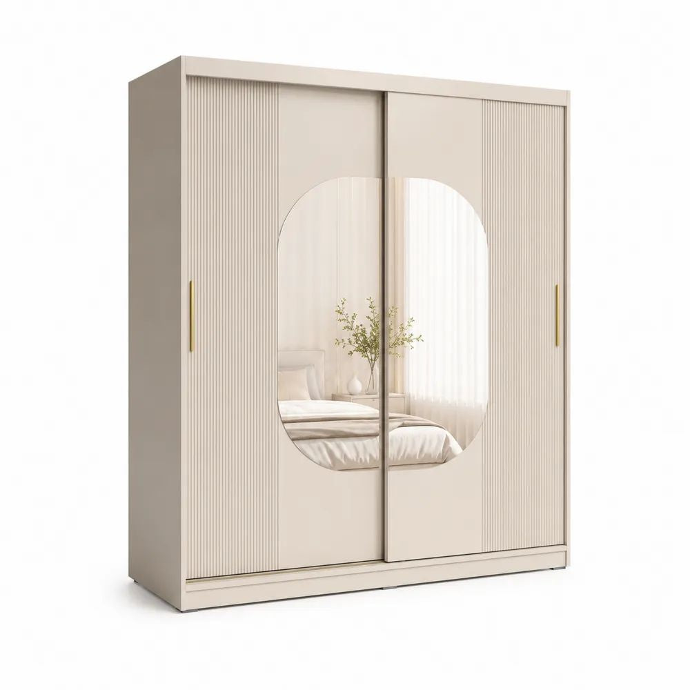 Armoire de chambre en MDF et panneaux de particules, 2 portes coulissantes avec miroir ovale, beige, 180 × 60 × 200 cm
