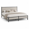 Lit double 160 × 200 cm en acier avec tête et pied de lit rembourrés en tissu, beige et noir