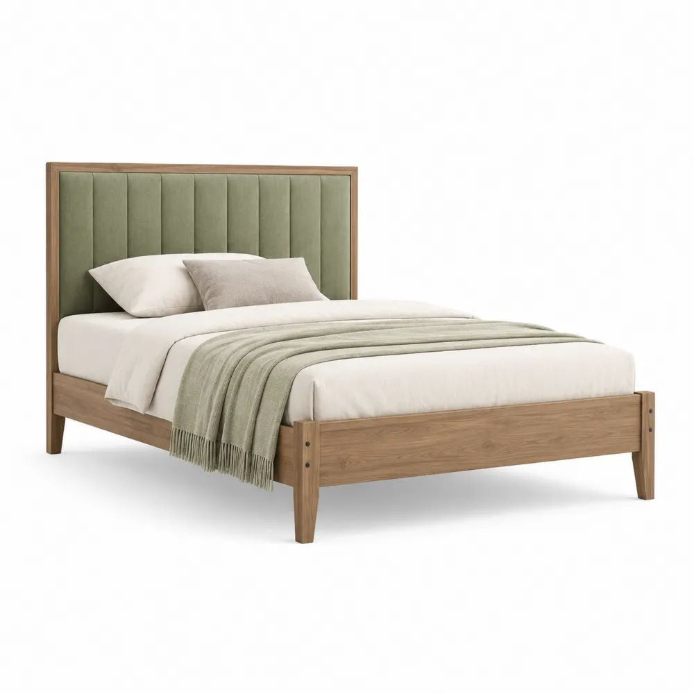 Cadre de lit double 160 × 200 cm en bois et placage chêne, tête de lit rembourrée vert sauge, chêne naturel
