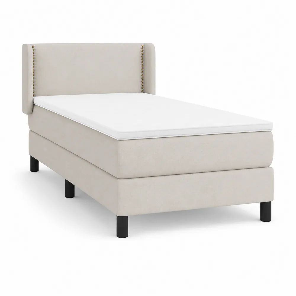 Lit à sommier tapissier 1 place en tissu beige avec tête de lit, matelas et surmatelas, couchage 90 × 200 cm