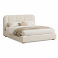Lit double rembourré en polyester beige crème, couchage 160 x 200 cm, tête de lit haute à panneaux arrondis, dimensions 180 x 220 x 120 cm
