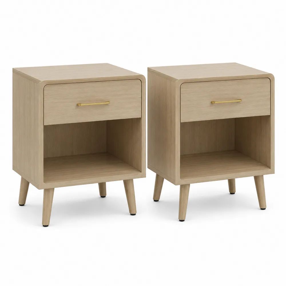 Lot de 2 tables de chevet rectangulaires en MDF plaqué chêne clair avec tiroir et niche, 40 × 35 × 60 cm