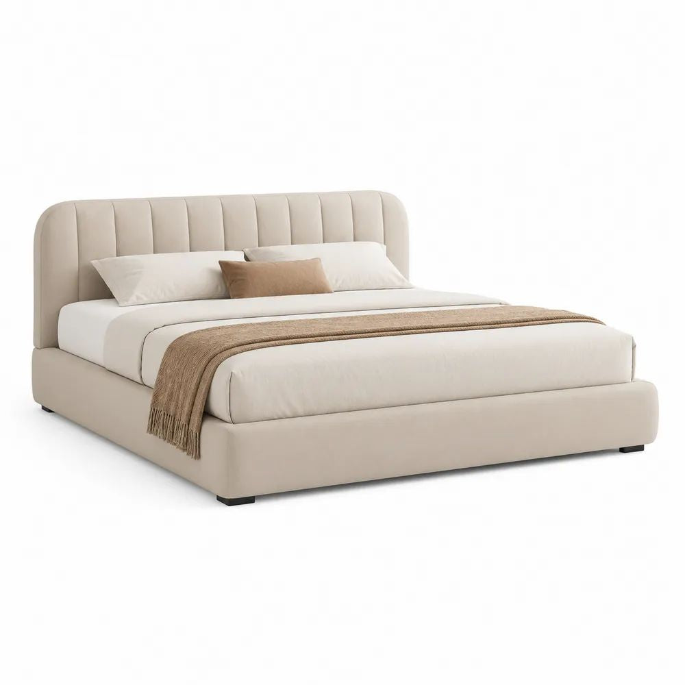 Lit double rembourré beige 160 x 200 cm avec sommier à lattes en bois et tête de lit, 218 x 178 x 110 cm