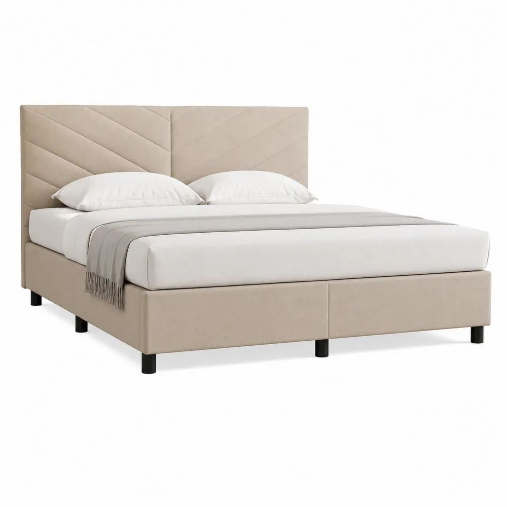 Lit double rembourré rectangulaire 160 × 200 cm en velours polyester beige et noir avec tête de lit et sommier à lattes