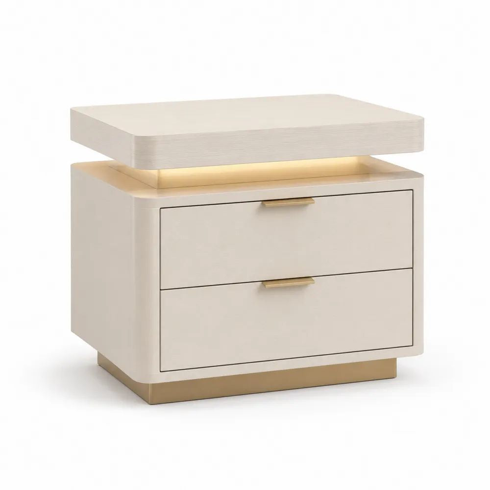 Table de chevet rectangulaire en MDF avec 2 tiroirs et éclairage LED, blanc cassé et doré, 55 x 40 x 55 cm