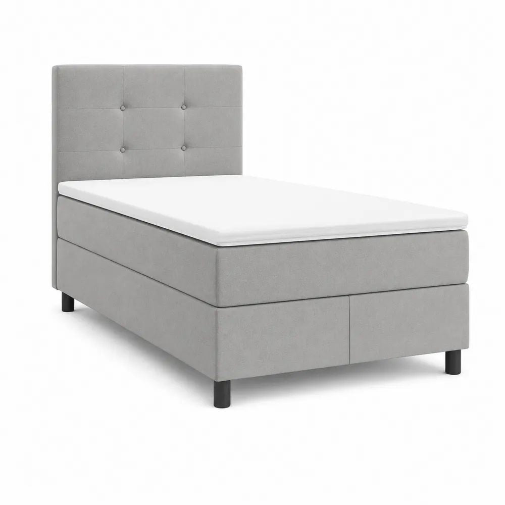 Lit boxspring 1 place en tissu gris clair avec matelas et surmatelas, couchage 90 x 200 cm, dimensions 100 x 210 x 120 cm