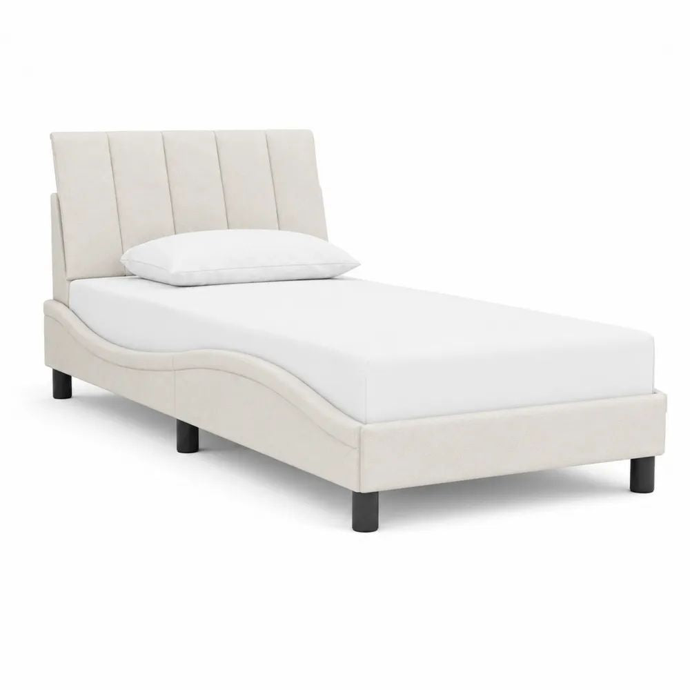 Lit simple rembourré en polyester beige avec tête de lit, couchage 90 × 190 cm, dimensions 205 × 100 × 105 cm
